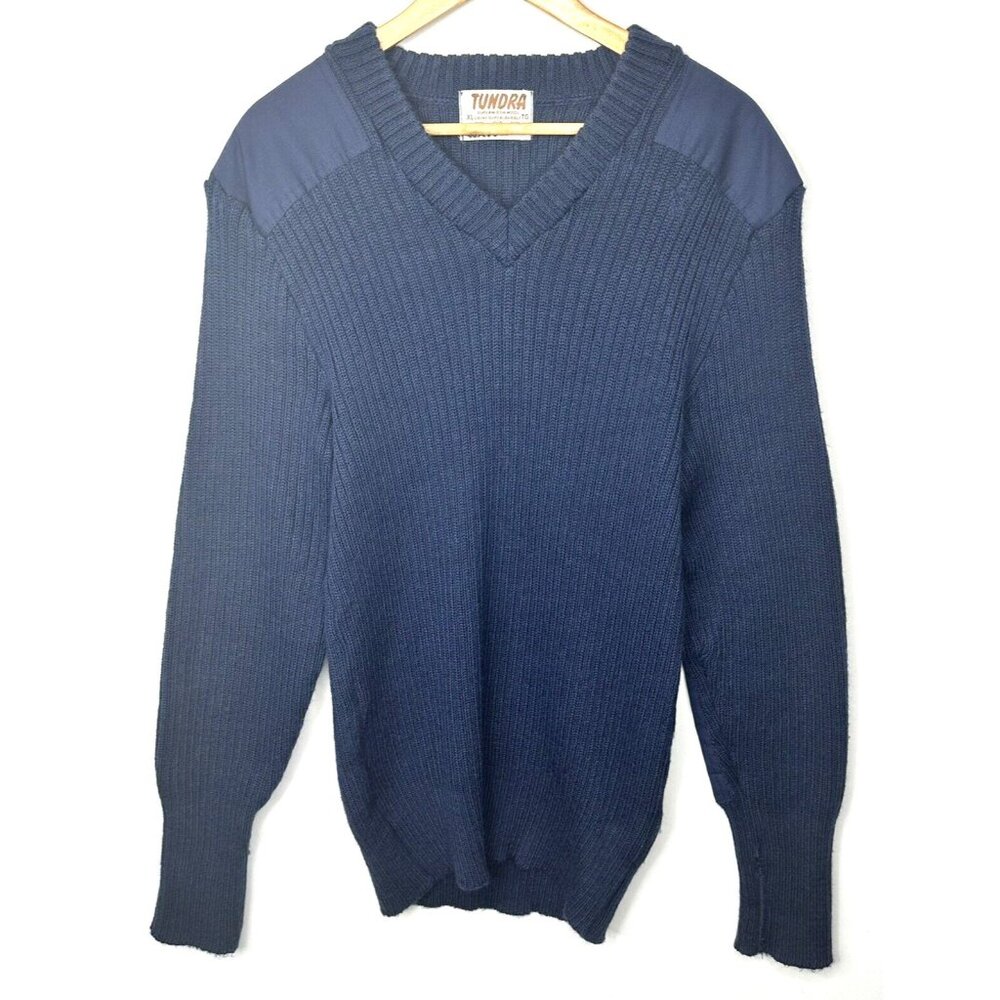 Tundra Mens Sweater Superwool Vtg Military Commando V Neck Patch Blue XL